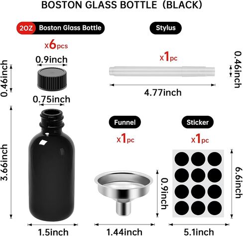 Black 2 oz Glass Boston Bottles with Black Poly Cone Cap, 60ML Round Glass Bottle for Essential Oil, Perfume and Liquid Boston Round Bottles - UV Rays Protection (12) in Kuwait