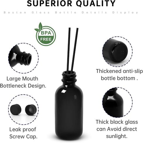 Black 2 oz Glass Boston Bottles with Black Poly Cone Cap, 60ML Round Glass Bottle for Essential Oil, Perfume and Liquid Boston Round Bottles - UV Rays Protection (12) in Kuwait