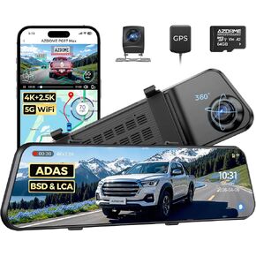 AZDOME PG17 Max 4K+2.5K Mirror Dash Cam with ADAS, BSD and LCA, 12" Rear View Mirror Camera with 5GHz WiFi and Voice Control, Rearview Mirror Backup Camera Includes 64GB Card, GPS, Parking Monitor in Kuwait