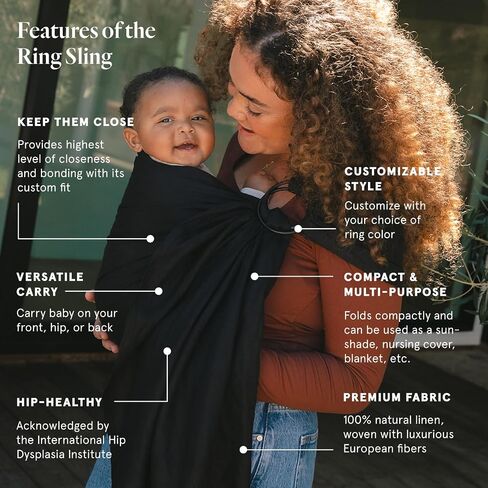 Wildbird - Ring Sling Baby Carrier - المولود الجديد يصل إلى 35 رطلاً - للأمهات والآباء ومقدمي الرعاية - ألياف الكتان الأوروبية الطبيعية 100 ٪ - متعدد الاستخدامات وقابلة للتعديل - 74 بوصة - نسيج الغراب وخاتم الذهب in Kuwait