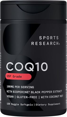 أبحاث رياضية CoQ10 (100mg) معززة مع زيت جوز الهند والبيوبير (الفلفل الأسود) لتحسين الامتصاص | مصدقة نباتية ، غير محدد من غير المعدل وراثيًا (120 خضروات ناعمة) in Kuwait