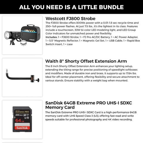 Westcott FJ800 Strobe with AC/DC Battery | 800Ws Strobe with 250+ Full Power Flashes, FJ ProMax Battery & Power Adapter, 8" Shorty Offset Extension Arm & 64GB Extreme PRO SDXC Memory Card Bundle Set in Saudi Arabia