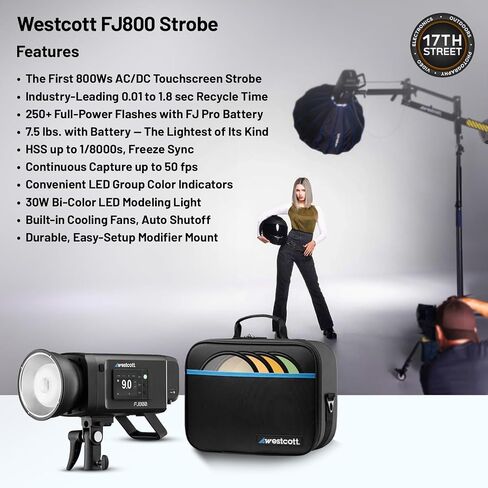 Westcott FJ800 Strobe with AC/DC Battery | 800Ws Strobe with 250+ Full Power Flashes, FJ ProMax Battery & Power Adapter, 8" Shorty Offset Extension Arm & 64GB Extreme PRO SDXC Memory Card Bundle Set in Saudi Arabia