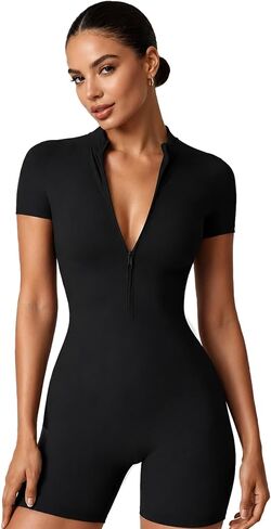 Women Bodysuit Zip Tummy Control Yoga Workout Work Out Gym Sets for Athletic Rompers Romper Leotards One Piece Outfit in Kuwait