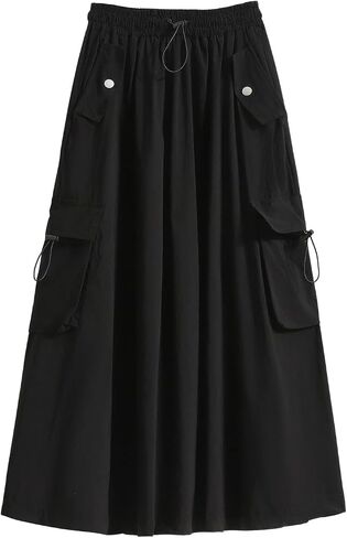 ebossy Women's Vintage Cotton Drawstring Elastic Waist Multi-Pockets Utility Pencil Long Cargo Skirts in Saudi Arabia
