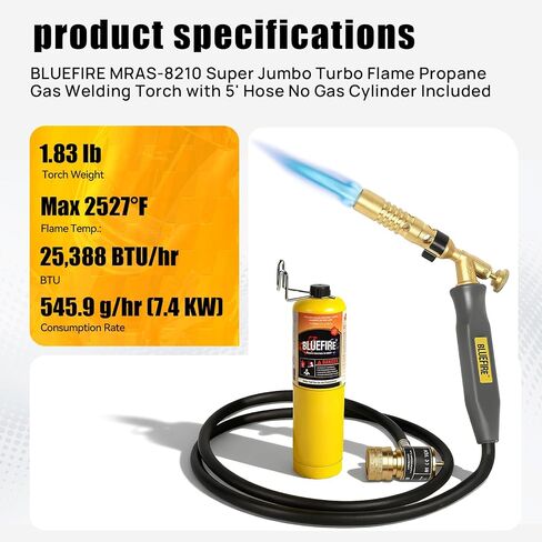 Bluefire MRAS-8210 Super Jumbo Turbo Flame Propane Gas Wlding Torch مع وقود خرطوم 5 بوصات بواسطة Mapp Map Pro Propane برأس كبير الكثافة عالي الكثافة للمسام in Kuwait