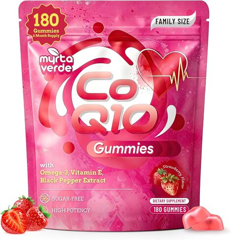CoQ10 Gummies 300mg خالية من السكر | مكملات إنزيم Q10 عالية الامتصاص مع أوميغا 3 ، فيتامين E & Black Pepper | القلب والطاقة | 6 أشهر إمداد ، نكهة الفراولة ، 180 عدد in Kuwait