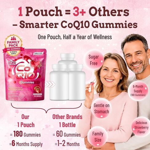 CoQ10 Gummies 300mg خالية من السكر | مكملات إنزيم Q10 عالية الامتصاص مع أوميغا 3 ، فيتامين E & Black Pepper | القلب والطاقة | 6 أشهر إمداد ، نكهة الفراولة ، 180 عدد in Kuwait