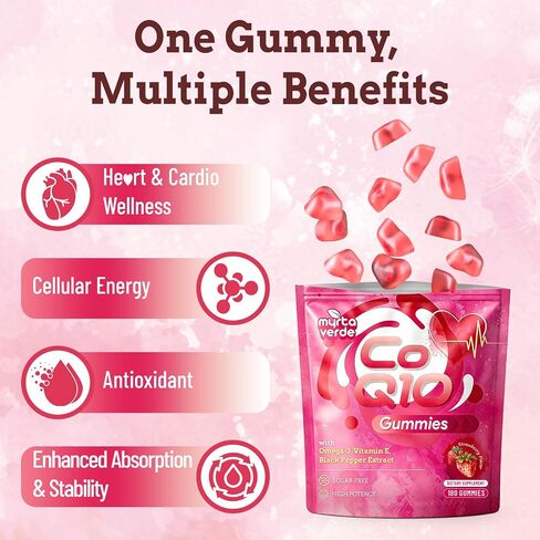 CoQ10 Gummies 300mg خالية من السكر | مكملات إنزيم Q10 عالية الامتصاص مع أوميغا 3 ، فيتامين E & Black Pepper | القلب والطاقة | 6 أشهر إمداد ، نكهة الفراولة ، 180 عدد in Kuwait