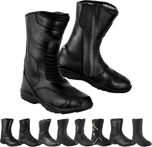 Black Motorbike Men's Motorcycle Shoes Ankle Protective Leather Racing Boots Non-Slip Sole Motorcross Long Shoes Waterproof in Kuwait