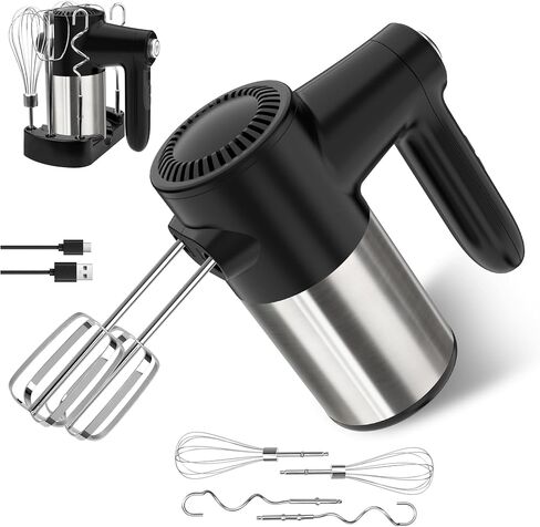 Cordless Hand Mixer, Digital Display 7 Speed Rechargeable Electric Mixer Handheld with 6 Stainless Steel Attachments Whisks Beaters Dough Hooks & Storage Base, Kitchen Blender for Baking, Eggs, Cakes in Saudi Arabia