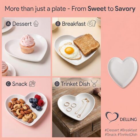 DELLING Heart Shaped Dessert Salad Plates- 6 Pack, 7.3 Inch Ceramic White Dinner Plates, Heart Dishes for Dessert, Appetizer, Steak, Snacks, Microwave & Oven Safe, Thanksgiving & Christmas Day Gifts in Kuwait