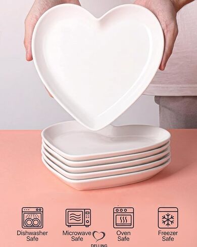 DELLING Heart Shaped Dessert Salad Plates- 6 Pack, 7.3 Inch Ceramic White Dinner Plates, Heart Dishes for Dessert, Appetizer, Steak, Snacks, Microwave & Oven Safe, Thanksgiving & Christmas Day Gifts in Kuwait