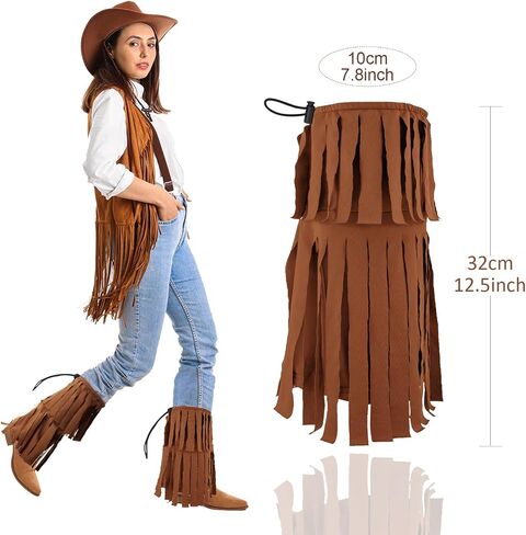 Women 'Hippie Fringe Boot يغطي الستينيات 70s موضوع الهبي الساق الدافئ بني براون يغطي إكسسوارات أزياء الهبي للنساء ، حفل خلع الملابس الهندي الهندي Pocahontas Cosplay (أسلوب قصير) in Kuwait