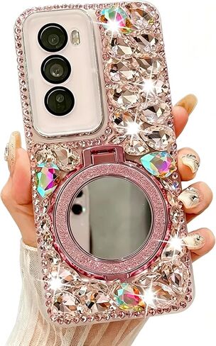 بالنسبة ل Samsung Galaxy A56 5G Case مع الماس المتلألئ ، وتصميم بريق بليغ الفاخر مع ريشة Magsafe Ring و Mirror for Women Girls (Pink) in Kuwait