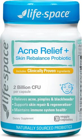 Life-Space Acne Relief + Skin Rebalance Probiotic, 6-in-1 Scientific Formula & 2 Billion CFU, Support Breakout Control & Skin Health & Gut Health, Probiotics for Women & Men, 30 Vegetarian Count in Kuwait