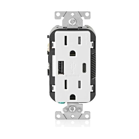 Leviton T5638 18W USB Type-A/C في الشاحن في الجدار مع منفذ 15A ، شاحن USB للهواتف الذكية ، الأبيض in Kuwait