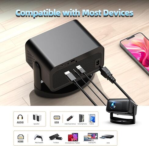 جهاز عرض مع WiFi و Bluetooth ، دعم 1080p Projector 4K مع جهاز عرض أفلام محمولة من Keystone الرأسية التلقائي ، متوافق مع الهاتف/الكمبيوتر المحمول/عصا التلفزيون in Kuwait