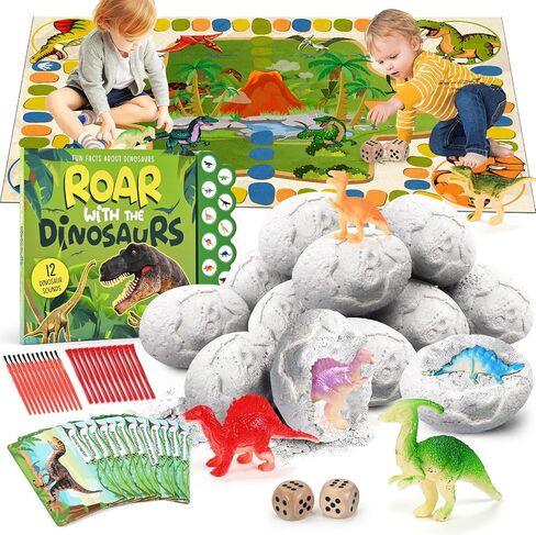 Dino Eggs Dig Kit, 12 Pack Dinosaur Eggs Excavation Set, Easter Gift Dinosaur Toys Science Experiments Kits with 12 Cards, Easter Basket Stuffers Toys for 3 4 5 6 7 8 9 10 11 Year Old Boys Girl in Kuwait