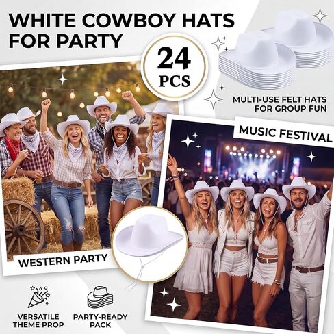 Janmercy 24 Pack Cowboy Hats Bulk Western Western Cowboy White Hats Cowboy Hat with Depable Devin in Kuwait