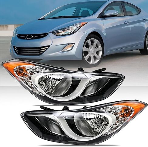 مجموعة المصابيح الأمامية لسيارة Hyundai Elantra 2011-2013 (جميع المصابيح متضمنة)، مصباح أمامي هالوجين جانبي للراكب والسائق مع عدسة شفافة عاكس كهرماني أسود، زوج واحد، 92101-3y000 ‎HY2503161 in Kuwait
