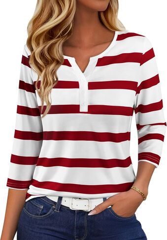 LilyCoco Womens Tunic Striped 3/4 Sleeve V Neck T Shirts Casual Botton Shirt in Saudi Arabia