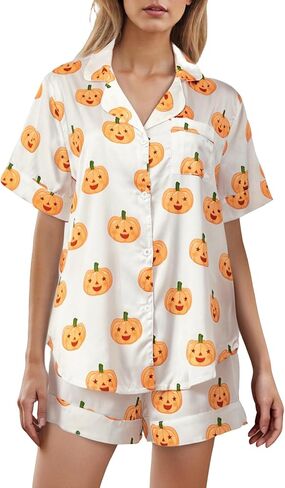 2pcs Halloween Silk Sleepwear Set Cute Pumpkin Print Button Short Sleeve High Elastic Waist Shorts Pajamas Set in Kuwait