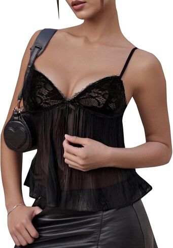 Women Y2k Babydoll Tank Tops Lace Trim V Neck Crop Cami Spaghetti Strap Peplum Top Summer Cute Aesthetic Flowy Shirts in Kuwait