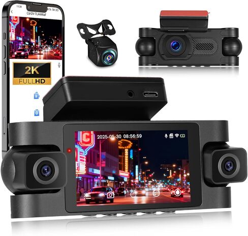 3 Channel Dash Cam Front and Rear Inside, 2.0" 1080P Dash Camera for Cars Three Way Triple Car Camera with APP Control,Super Night Vision,Loop Recording,G-Sensor,Parking Assistance,24H Parking Monitor in Kuwait