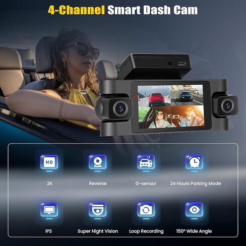 3 Channel Dash Cam Front and Rear Inside, 2.0" 1080P Dash Camera for Cars Three Way Triple Car Camera with APP Control,Super Night Vision,Loop Recording,G-Sensor,Parking Assistance,24H Parking Monitor in Kuwait