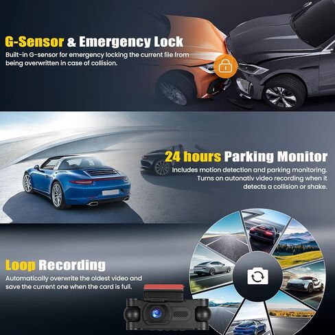 3 Channel Dash Cam Front and Rear Inside, 2.0" 1080P Dash Camera for Cars Three Way Triple Car Camera with APP Control,Super Night Vision,Loop Recording,G-Sensor,Parking Assistance,24H Parking Monitor in Kuwait
