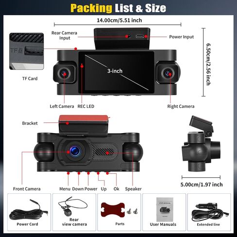 3 Channel Dash Cam Front and Rear Inside, 2.0" 1080P Dash Camera for Cars Three Way Triple Car Camera with APP Control,Super Night Vision,Loop Recording,G-Sensor,Parking Assistance,24H Parking Monitor in Kuwait