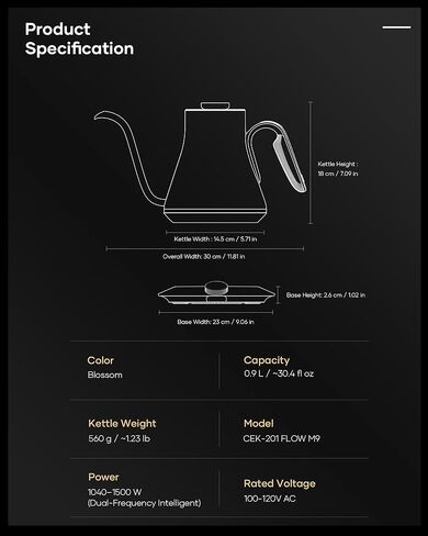 Cocinare Flow M9 Gooseneck Electric Clostle مع التحكم الدقيق ± 1 ℉ في درجة الحرارة لتسكع القهوة والشاي ، والداخلية الداخلية الفولاذ المقاوم للصدأ ، وغلاية كهربائية سريعة التدفئة للماء المغلي (أزهار) in Kuwait