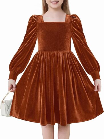 Arshiner Girls Dresses Velvet Square Neck Puff Long Sleeve Fall Winter Holiday Dress with Pockets in Kuwait