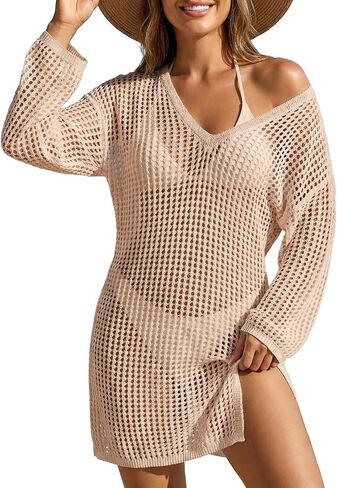 SOCIALA Swimsuit Cover Up for Women Crochet Tops Side Split Swim Bikini Bathing Suit Beach Coverups Loose Fit Swimwear Dress in Kuwait