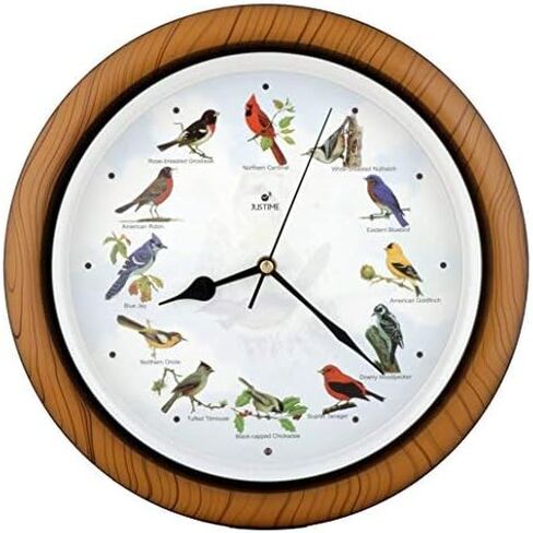 JUSTIME Lovely Collection 14-inch Plays 12 Popular North American Bird's Songs Wall Clock Mantel Clock Home Deco Multicolor(TCBD064 Wooden Grain) in Kuwait