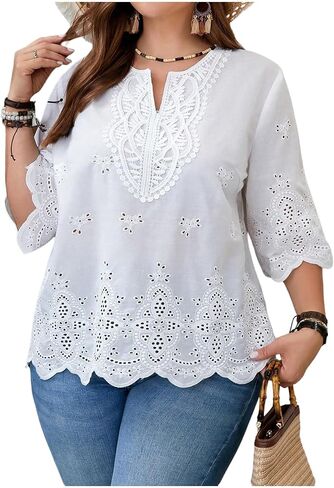 MakeMechic Women's Plus Size Seyelet Plouse Embroidery 3/4 Sleeve Notch Neck Fall Shirt in Kuwait