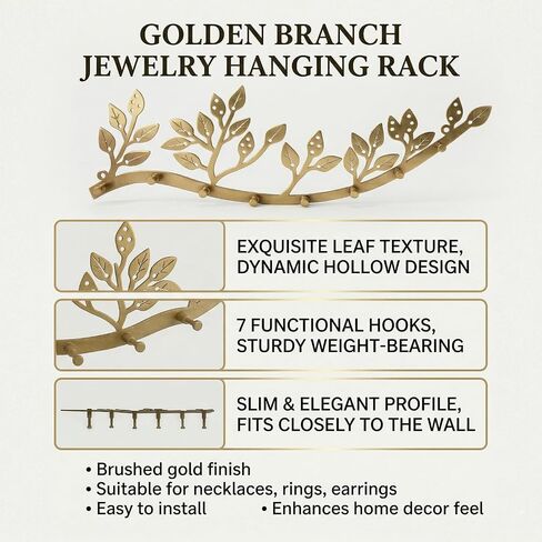 Wovsuo Wall Mounted Jewelry Necklace Holder Organizer with 8 Hooks and 43 Holes, Neatly Hanging Earring, Bracelet, and Keys - Rustic Gold Metal Tree Leaf Branch Wall Décor in Kuwait