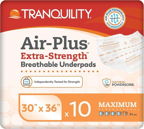 Tranquility AIR-Plus Extra-Strength Breathable Underpads, 30"x36", 34oz Absorbency, 100% Breathable, Supports Repositioning up to 450lbs, Latex-Free, 10ct Bag in Kuwait