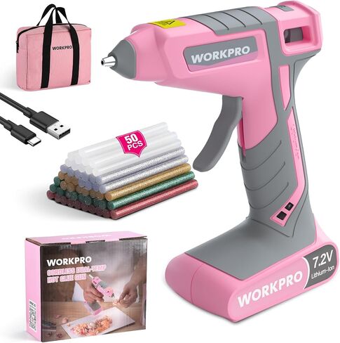 Workpro Cordless Glue Glue Gun ، 30s تسخين سريع ، و 7.2 فولت طقم مدفع غراء مزدوج مع عصي بندقية الغراء 50pcs ، كيس التخزين ، سلك شحن USB-C ، بطارية 2600 مللي أمبير في الساعة لصياغة DIY وصياغة in Kuwait