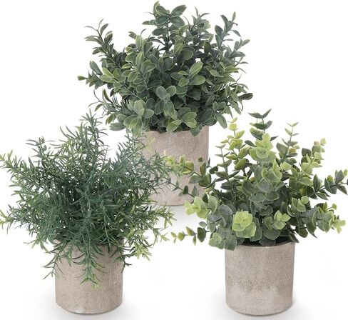 Lemonfilter Fake Plants, 5 Pack Mini Faux Artificial Eucalyptus Greenery Plastic Small Green Grass Potted Plants for Office Balcony Shelf Desk House Bathroom Farmhouse Room Coffee Table Decor Indoor in Kuwait