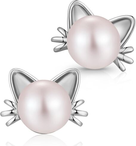 Cat Pearl Stud Earrings for Women 925 Sterling Silver Freshwater Pearl 7.5MM-8MM in Kuwait