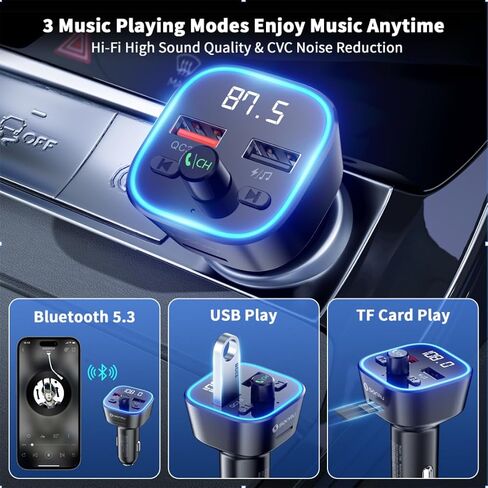 Bluetooth 5.3 FM Transmitter Car Adapter - SONRU Car Charger 54W [PD 36W & QC3.0 18W], Wireless FM Radio Transmitter [HiFi Treble & Bass Player], 5 Colors LED Backlit, Hands-Free Calling, U-Disk in Saudi Arabia