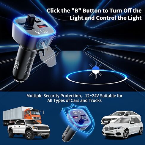 Bluetooth 5.3 FM Transmitter Car Adapter - SONRU Car Charger 54W [PD 36W & QC3.0 18W], Wireless FM Radio Transmitter [HiFi Treble & Bass Player], 5 Colors LED Backlit, Hands-Free Calling, U-Disk in Saudi Arabia