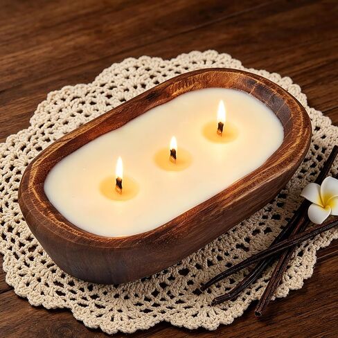 Woodronic 3 Wick Dough Bowl Candle, Lavender Scented Candle with White Wooden Bowl, 10 Inch Large Soy Wax Candle for Home Decor, Living Room, Bedroom, Perfect Gifts for Men & Women in Kuwait