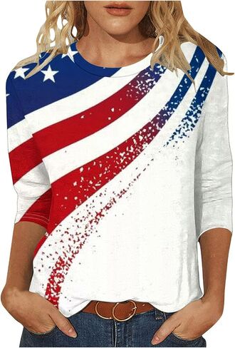 Womens 4th of July Shirt 3/4 Length Sleeve Summer Casual USA Star Stripes Flag Patriotic Blouse Cute Memorial Day Top in Kuwait