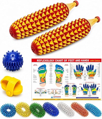 BOSKY Handmade Wooden Ancient Acupressure Spiked Hand Massager Exercise Therapy Deep Tissue Set of 2 Pcs, Sujok Ball and Rings with Reflexology Chart (AS-2) in Kuwait