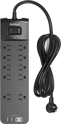 شريط الطاقة - واقي التيار الزائد من Addtam مع 10 منافذ و4 منافذ USB، وسلك تمديد بطول 6 أقدام مع قابس مسطح، 2700 جول، مدرج في قائمة ETL، أسود in Kuwait