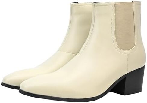 Men'S Classic Leather Chunky Heel Chelsea Boots With Side Zipper Fashion Pointed Toe Elastic Band High Top Block High Heel Formal Chukka Booties For Casual Business Party Wedding in Kuwait