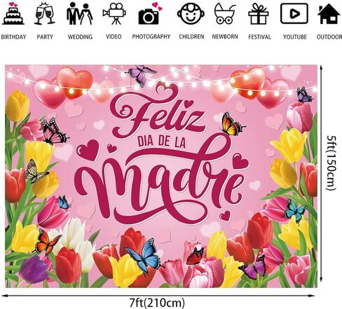 Feliz día de la Madre Backdrop 7x5ft Pink Tulip Mexican Depy Happy Mother Decorations أفضل أمي على الإطلاق ، in Kuwait